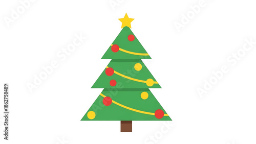 A simple, green, geometric tree with a brown trunk, golden star, round ornaments (red and yellow), and golden garlands. A holiday and festive illustration