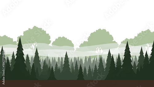 A simple, green and brown illustration of a forest. Dark evergreen trees dominate the foreground. Misty background, and clouds and bushes in the background with a ground