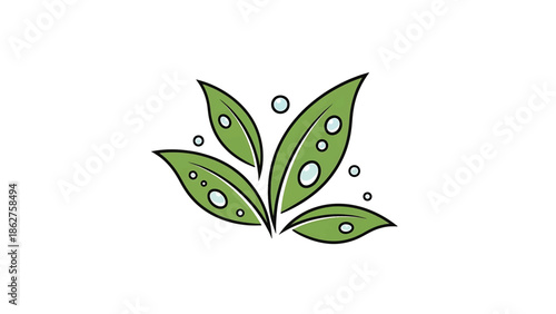 A simple, green plant logo featuring four stylized leaves with water droplets and bubbles, set against a plain white background