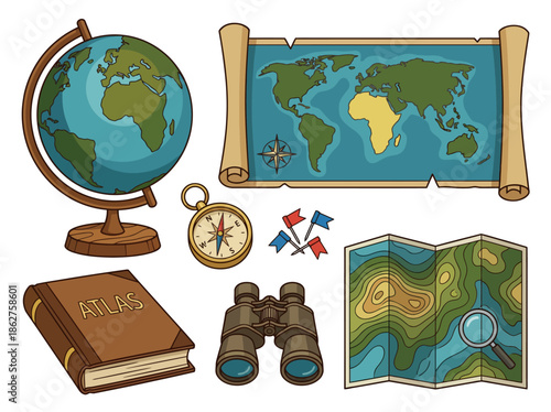 A collection of travel and exploration tools including a globe, map, compass, atlas, and binoculars on a neutral background.