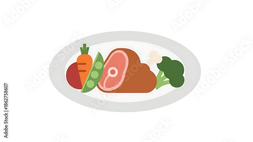 A simple, illustrated meal with a main protein, vegetables, and side dish served on a grey oval plate against a white background