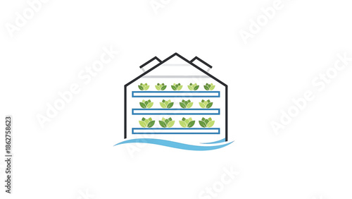 A simple illustration of a greenhouse filled with rows of green plants, supported by blue lines and a stylized water wave