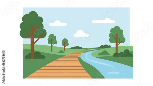 A simple, illustrated scene of a landscape featuring trees, a winding river, and a wooden pathway under a blue sky