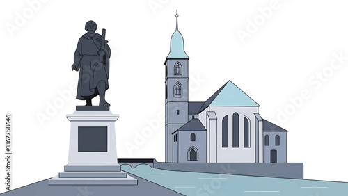A simple illustration of a historical town scene featuring a monument of a robed figure, a church, a river, and architectural elements