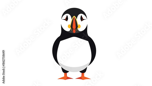 A simple, cartoon illustration of an aquatic bird, with a black and white body, orange feet, and a colorful, striking beak. It has eye markings