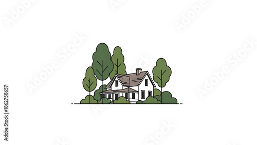A simple illustration of a house with a porch, surrounded by lush green trees and shrubbery, all in a flat, minimalist style