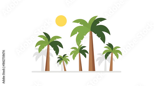 A simple, cartoon illustration of five palm trees in a row with a yellow circle, representing the sun, and cast shadows