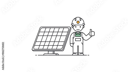 A smiling construction worker with a thumbs-up gesture stands next to a solar panel. The illustration uses black outlines and muted colors