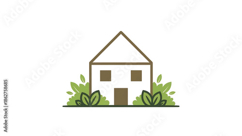A simple illustration of a house with green shrubs on a white background, suggesting a home or residential setting. The house has a pitched roof
