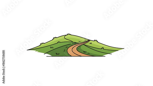 A simple, cartoon illustration of two rounded green hills with a winding brown path leading up and over.  The grassy slopes have small tufts