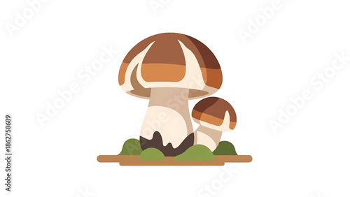 A simple, cartoon illustration of two mushrooms growing in a grassy patch. One is large; the other is small and beside it