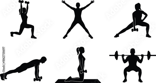 Fitness workout silhouette set featuring strength training exercises, bodyweight movements, gym equipment, healthy lifestyle concepts for active men and women