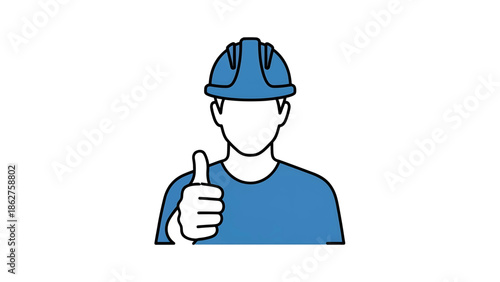 A simple illustration of a person wearing protective headgear, giving a thumbs-up gesture, with a solid background