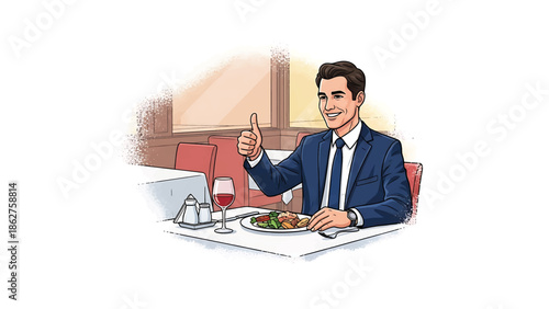 A smiling man in a suit gives a thumbs up while seated at a restaurant table. He has a plate of food, wine glass and silverware