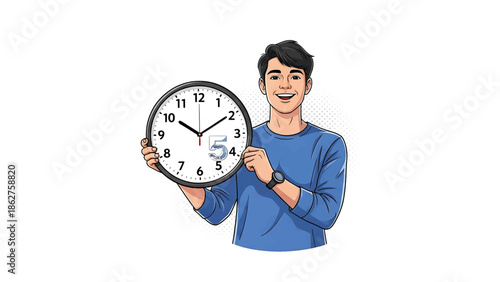A smiling man in a blue shirt holds up a clock with the time appearing to be 1015. A wristwatch is on his left wrist