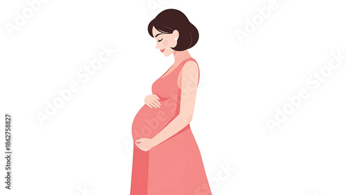 A simple illustration of a pregnant woman in a flowing pink dress, gazing down at her baby bump. Her skin has a soft texture