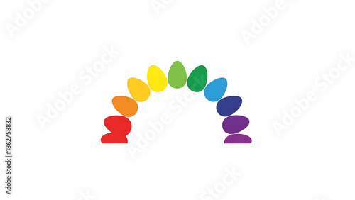 A simple illustration of a rainbow arc made from colorful egg shapes against a plain white background. The colors transition smoothly