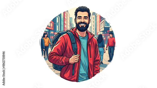 A smiling man with a beard and backpack walks on a city street, surrounded by buildings and pedestrians, a stylized illustration