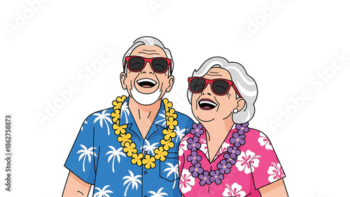 A smiling older couple, both wearing sunglasses and leis, is depicted against a white background. They appear happy in tropical shirts