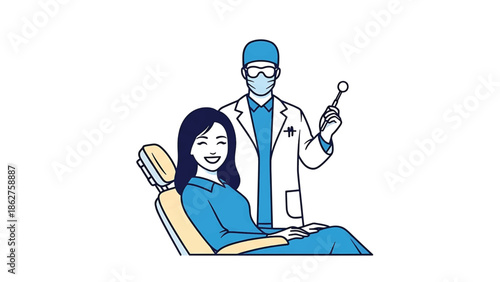 A smiling patient sits in a dental chair as a medical professional in a lab coat and mask stands nearby with an instrument. The illustration has a simple design