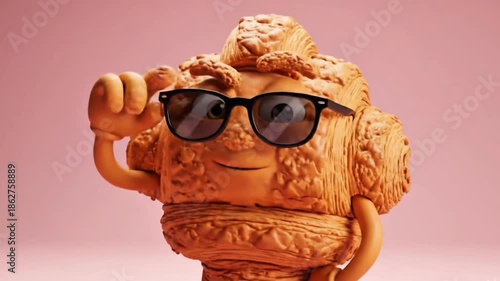 Cool 3D croissant character wearing sunglasses and posing confidently. Realistic pastry mascot animation for bakery and cafe marketing