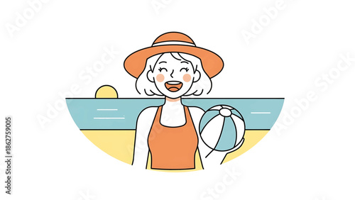 A smiling person wearing a hat and swimsuit holds a beach ball. A sunny scene with ocean and sand creates a summery vibe