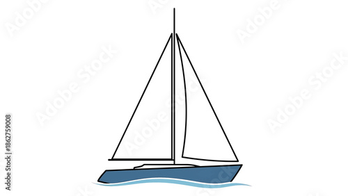 A simple illustration of a sailboat at sea, depicted with a blue hull, white sails, and black outlines. Wavy lines represent the water