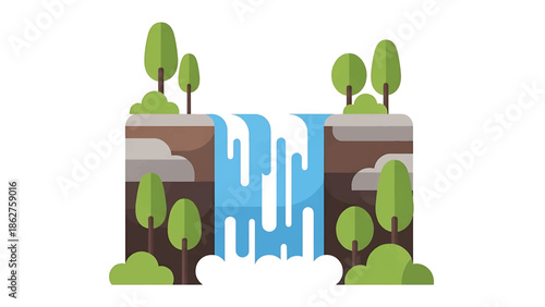 A simple, illustrated waterfall cascading down a cliff with green trees and bushes on either side. A white cloud is at the base