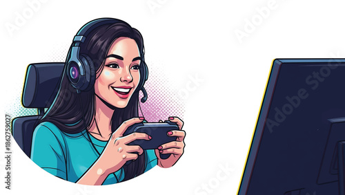 A smiling person wearing a headset and holding a controller, seated in front of a computer screen, in a vibrant illustration