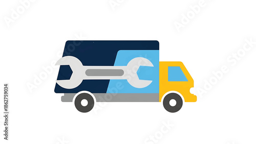 A simple, illustrated truck with a wrench integrated into the design. The vehicle is yellow and blue with a grey tire, suggesting repair services