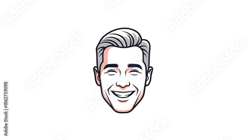 A smiling person's face, vector illustration style with black outlines. Hair is light grey with soft, bright shadows. Skin with soft pink tones