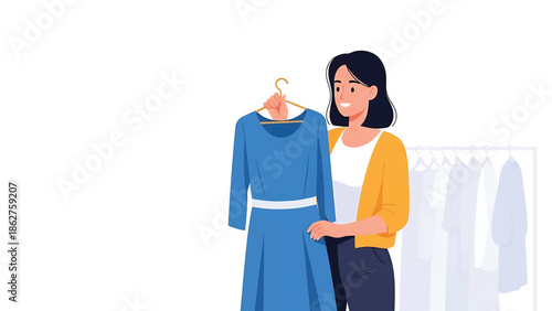 A smiling woman holds a blue dress on a hanger, standing next to a rack of other clothing items. She is wearing a yellow jacket and dark pants