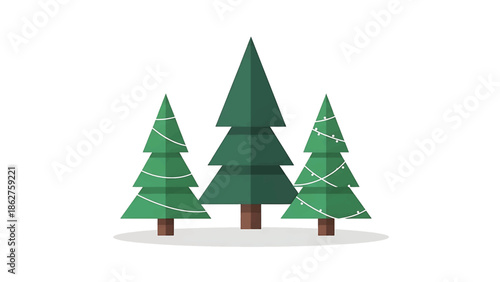A simple illustration of three stylized evergreen trees of varying heights on a white background. Some trees have string lights