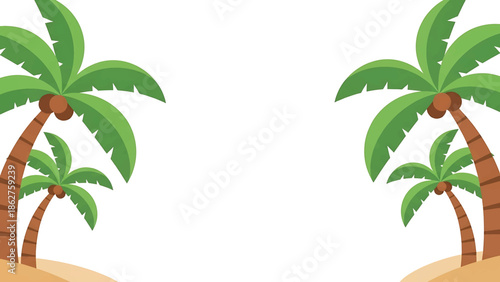 A simple illustration of two sets of palm trees with coconuts, positioned on sandy mounds, set against a pristine white background