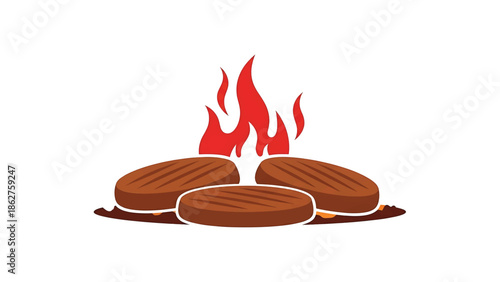A simple illustration showcasing three grilled meat patties with flames rising above, suggesting cooking. The style is flat, with textured elements
