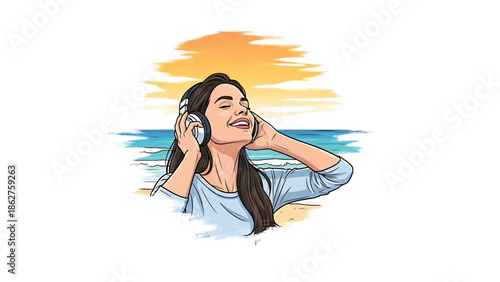 A smiling woman listens to music on headphones at a beach. The illustration features a sunset sky and gentle waves. The person is in a light-colored top