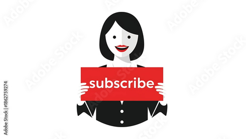 A smiling woman in a black jacket and white shirt holds a red sign that says 'subscribe'. The vector illustration has a minimal design on a white background