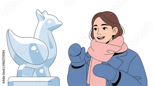 A smiling woman observes an ice sculpture of a bird. She wears a pink scarf, blue coat and mittens. The bird is on a platform