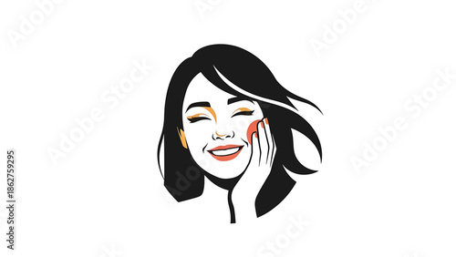 A smiling woman, rendered in a minimalist style, with black hair and a vibrant blush, rests her hand on her cheek