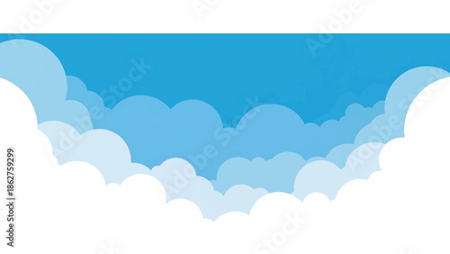 A simple illustration shows a blue sky with fluffy white clouds layered across it. The clouds appear as a soft, cartoon-like design