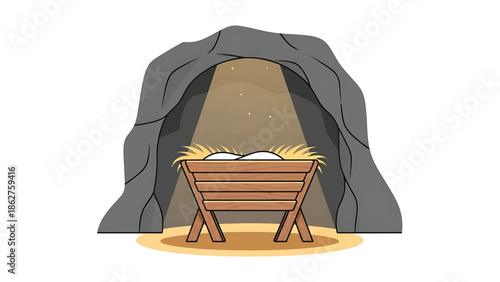 A simple illustration depicts a stone cave with a beam of light shining down on a wooden manger filled with straw. Small stars surround