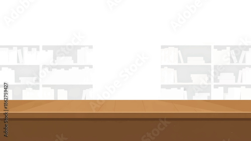 A simple illustration shows a wooden table in the foreground with a plain white background and blurred bookshelves. The minimalist design evokes a serene atmosphere