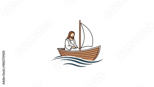 A simple illustration depicts a person with long hair and beard in a boat with a sail, floating on stylized waves. The person is wearing a white robe