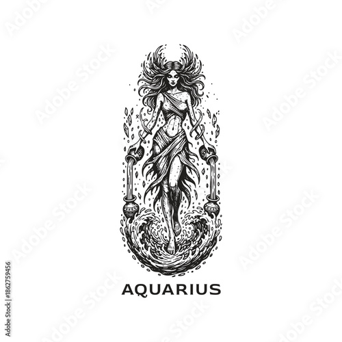 Hand drawn illustration of Aquarius zodiac goddess pouring water from jars in dark fantasy style