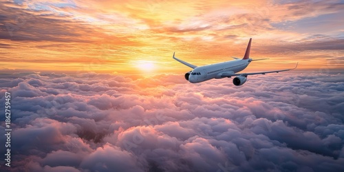A commercial airplane flying over a vast expanse of clouds at sunset, with the sun setting in the background.