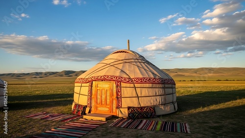 Traditional Mongolian yurt in countryside landscape.