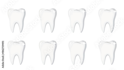 A simple, illustrative graphic shows eight cartoon teeth arranged in two rows of four, appearing healthy and clean against white