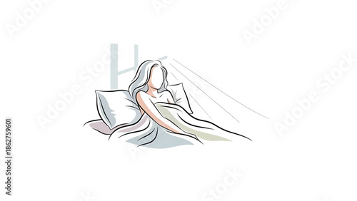 A simple line drawing depicts a woman in bed, sunlight streaming through a window. She's resting amidst pillows and soft sheets. Minimalist and elegant