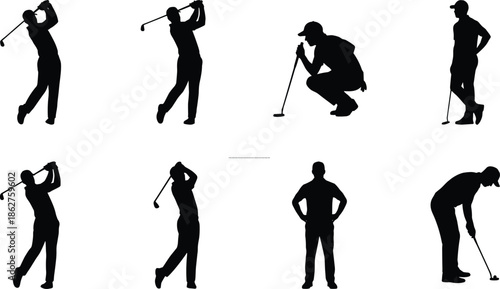 Golf player silhouettes isolated on white background showing full swing, putting, aiming, and standing poses for sports, training, and design concepts
