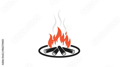 A simple, stylized illustration of a bonfire burning, with red flames and gray smoke rising. Logs rest on a black circular base